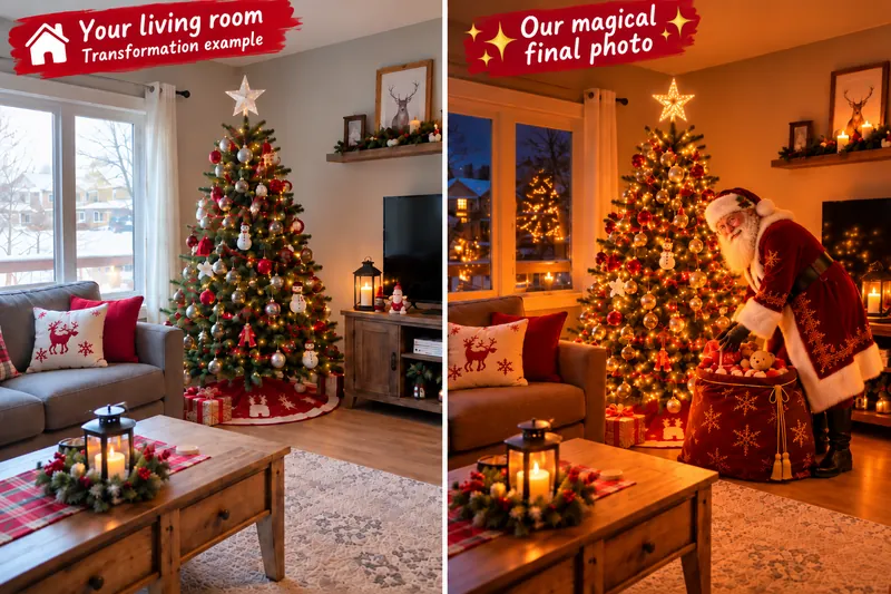 Before: a living room decorated for Christmas, in daylight. After: the same living room on Christmas Eve, with Santa by the tree.