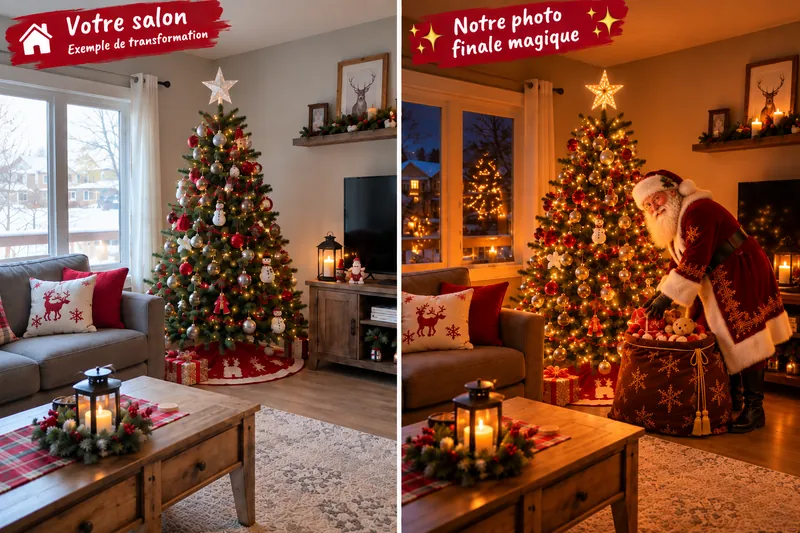 Avant : un salon décoré pour Noël, de jour. Après : le même salon la nuit de Noël, avec le Père Noël près du sapin.