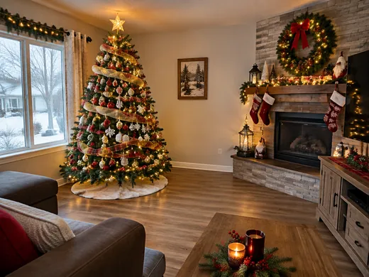 Bon exemple : un salon décoré avec un sapin illuminé et un grand espace libre au sol à côté du sapin.