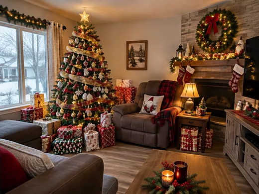 Mauvais exemple : le même salon avec un fauteuil, une table d'appoint et des cadeaux collés au sapin, sans espace libre.