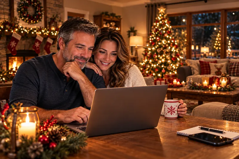 Un couple commande sur son ordinateur, dans un salon décoré pour Noël.