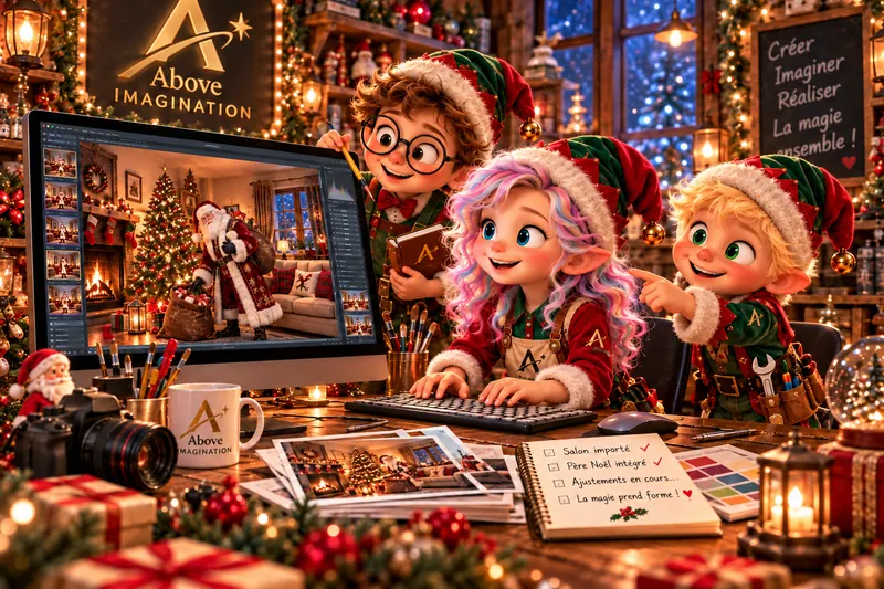 La Crew, habillée en lutins, avec le Père Noël maintenant dans le salon à l'écran.