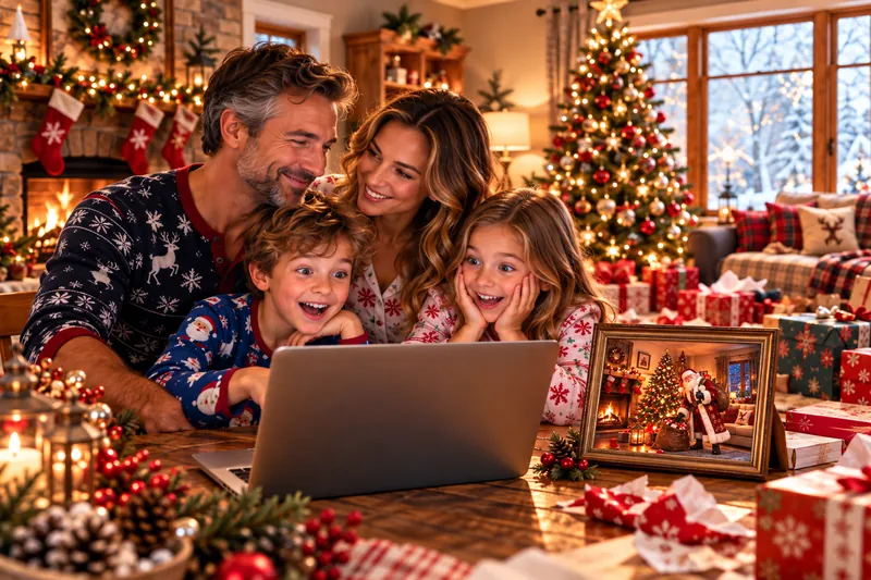 Le matin de Noël, une famille découvre ses photos magiques près du sapin.