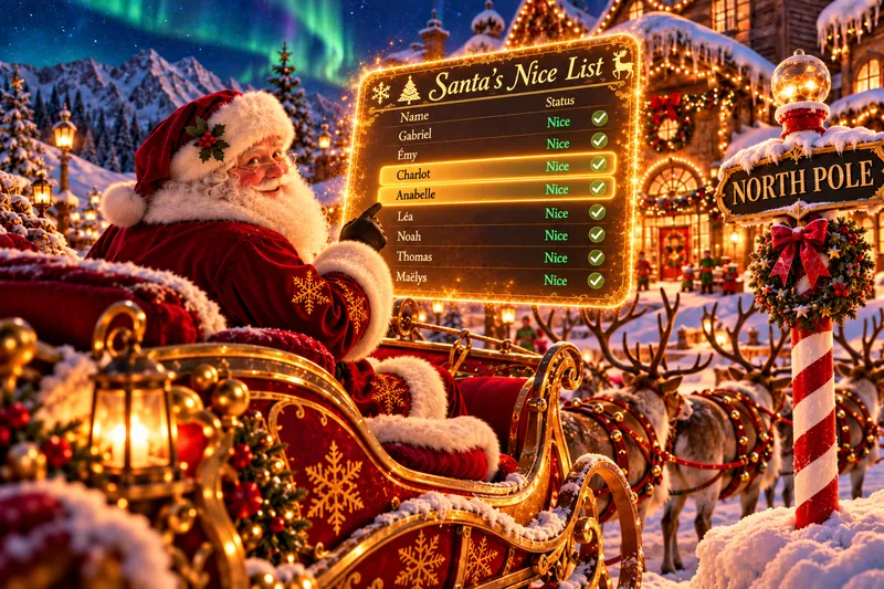 Santa at the North Pole points to his Nice List, written in gold letters.