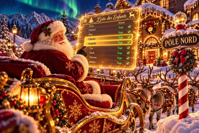 Le Père Noël au pôle Nord pointe la liste des enfants sages, écrite en lettres dorées.