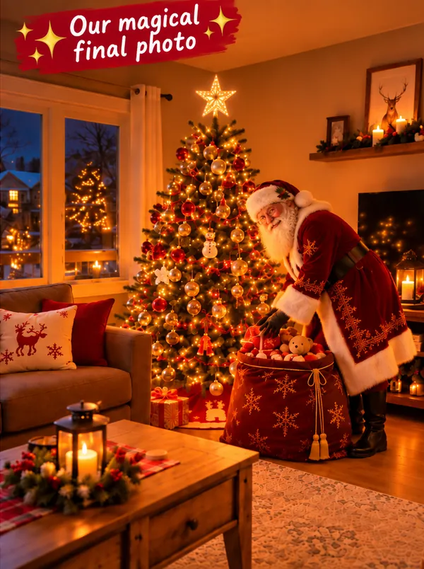 Santa, with his sack of presents open, next to the tree, in the living room, on Christmas Eve.