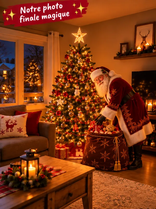Le Père Noël, son sac de cadeaux ouvert, à côté du sapin, dans le salon, la nuit de Noël.