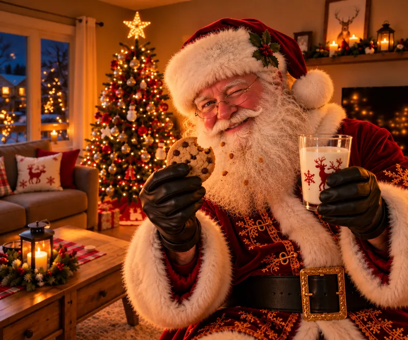 Le Père Noël fait un clin d'œil, un biscuit dans une main et un verre de lait dans l'autre.