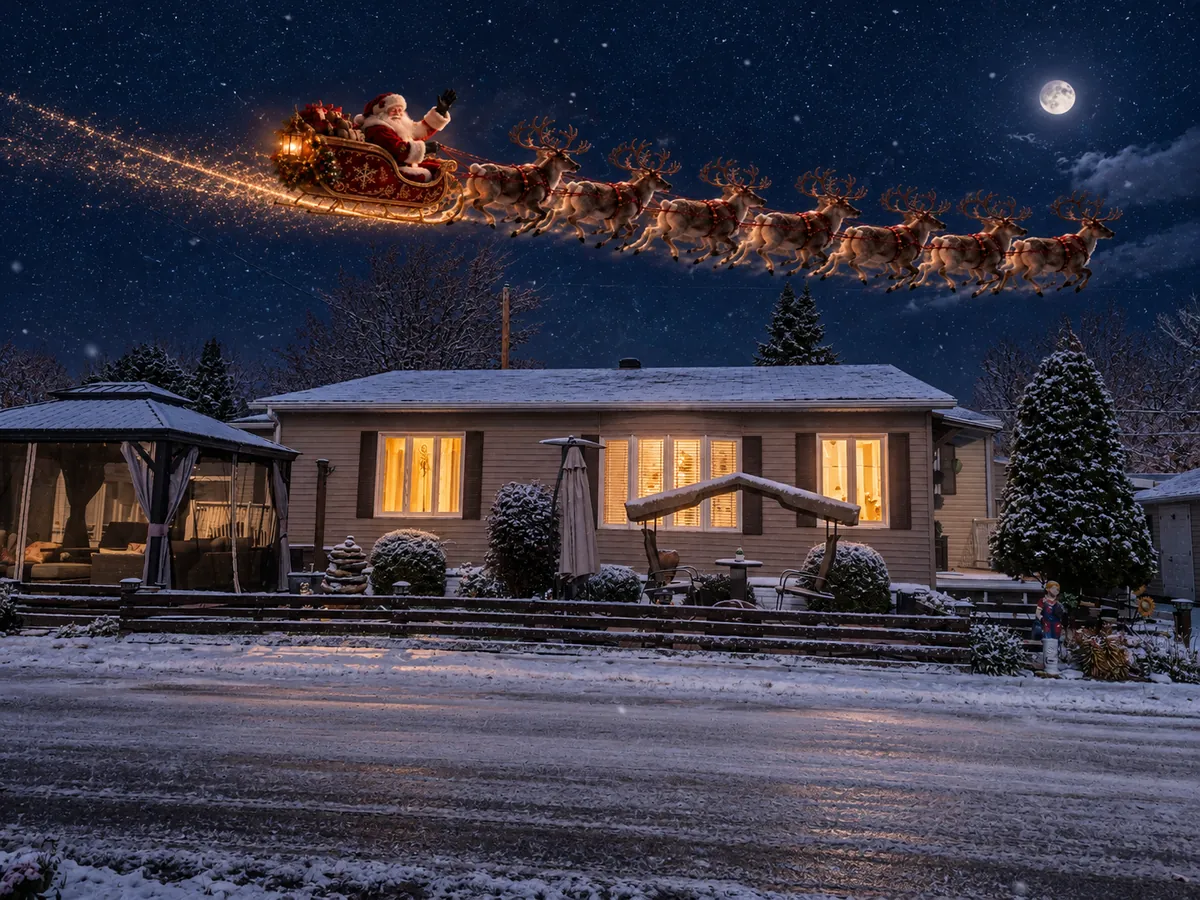 Le traîneau du Père Noël et ses rennes passent dans le ciel au-dessus d'une maison enneigée, la nuit.